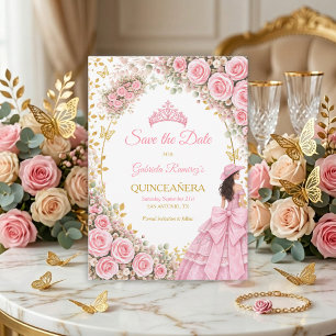 Vattenfärg rosa rosor gyllene fjäril Quinceañera Spara Datumet