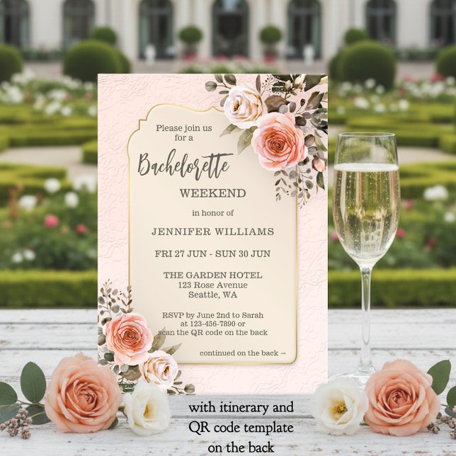Vattenfärg Rosa Rosor Möhippa Helg Inbjudningar (Bachelorette weekend itinerary invitation featuring blush pink watercolor roses on retro chic)
