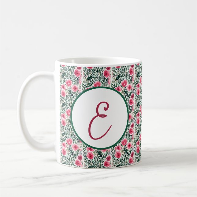 Vattenfärg rosa rosor och vita ränder monogram kaffemugg (Vänster)