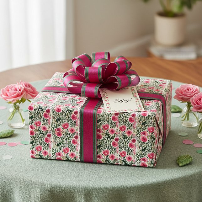 Vattenfärg rosa rosor och vita randigt mönster presentpapper (Skapare uppladdad)
