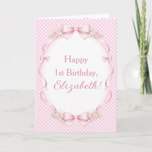 Vattenfärg Rosa Slöja Coquette 1-års Födelsedags H Kort (Framsida)