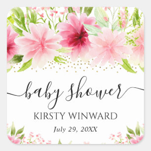 Vattenfärg Rosa Sommarblommor Baby Shower Fyrkantigt Klistermärke