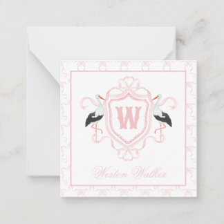 Vattenfärg Rosa Stork Båge Monogram Krön Anteckningskort