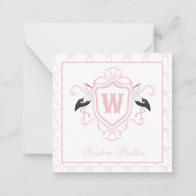Vattenfärg Rosa Stork Båge Monogram Krön Anteckningskort (Framsida)