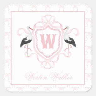 Vattenfärg Rosa Stork Bow Monogram Krön Fyrkantigt Klistermärke