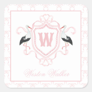 Vattenfärg Rosa Stork Bow Monogram Krön Fyrkantigt Klistermärke