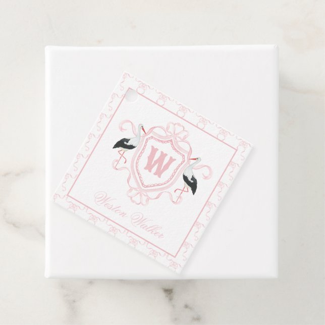 Vattenfärg Rosa Stork Bow Monogram Krön Gåvor Etiketter (På plats)