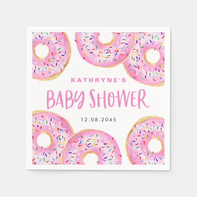 Vattenfärg Rosa Strössel Donuts Baby Shower Pappersservett (Framsidan)