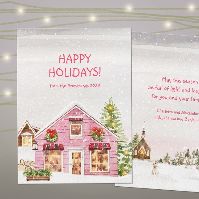 Vattenfärg Rosa Stuga Jul Julkort (Sweet Watercolor Winter Wonderland Holiday Card ©Susanne Sachers - Sunny Mind Design 🌞)