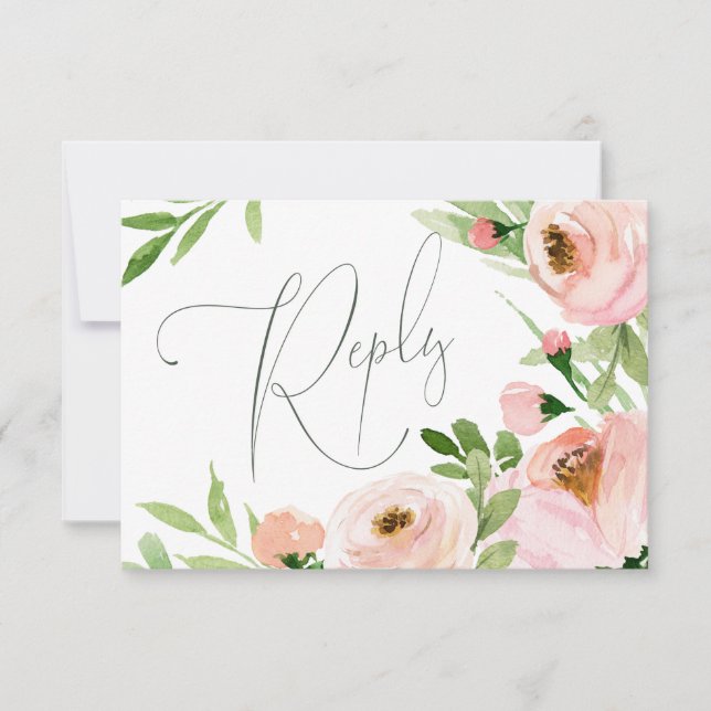 Vattenfärg rosa svarskort med blommotiv OSA kort (Framsida)