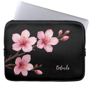 Vattenfärg Rosa Svart Körsbärsblom Monogram Laptop Fodral