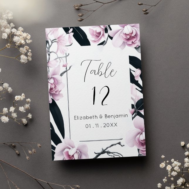 Vattenfärg rosa svarta orkidéblommor Bordnummer Inbjudningar (Watercolor pink black orchid flowers Table Numbers)