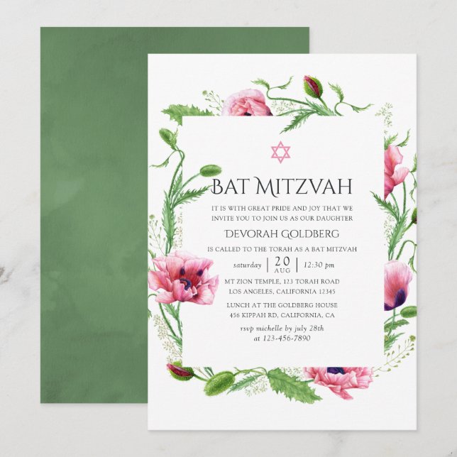 Vattenfärg Rosa Vallmo Bat Mitzvah Inbjudningar (Fram/baksida)