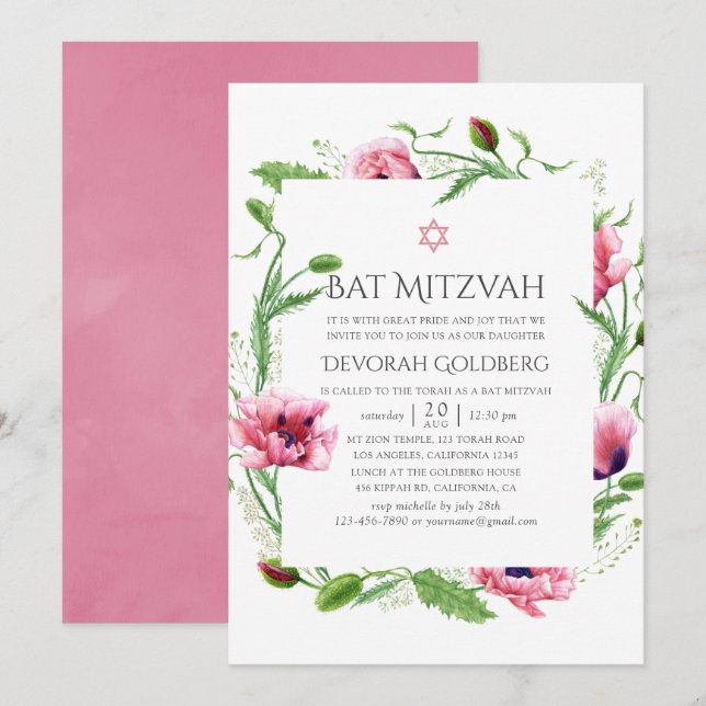 Vattenfärg Rosa Vallmo Bat Mitzvah Inbjudningar (Fram/baksida)