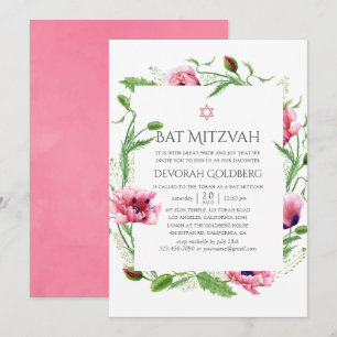Vattenfärg Rosa Vallmo Bat Mitzvah Inbjudningar