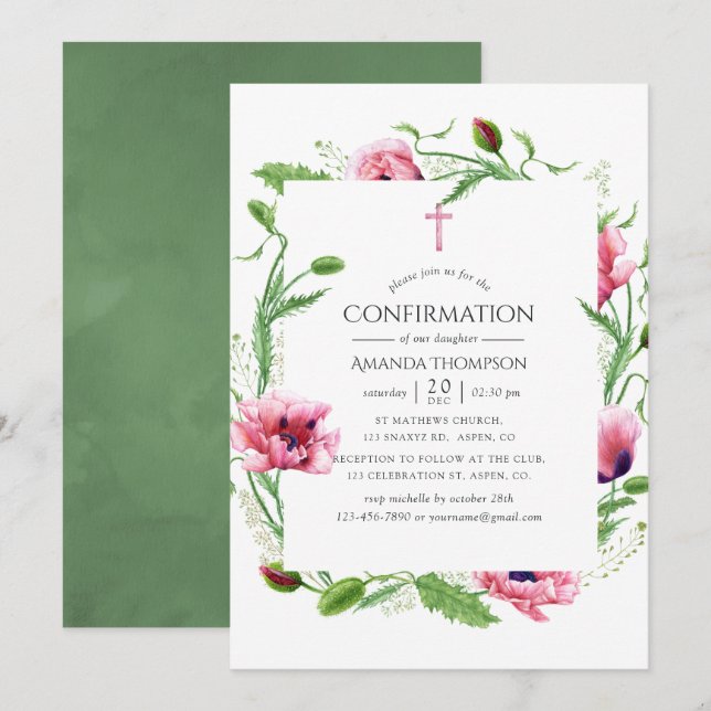 Vattenfärg Rosa Vallmo Konfirmation Inbjudningar (Fram/baksida)