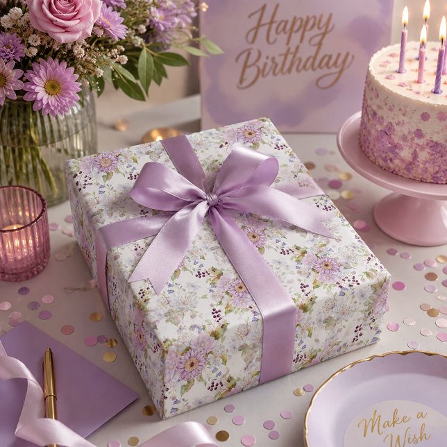 Vattenfärg Rosa Vildblomma Blommönster Presentpapper (Pink White Purple Watercolor Wildflower Wrapping Paper)