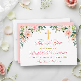 Vattenfärg Rosa Vit Blommig Guld Första Kommunion Tack Kort
