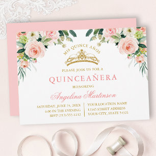 Vattenfärg Rosa Vit Blommig Guld Quinceanera Inbjudningar