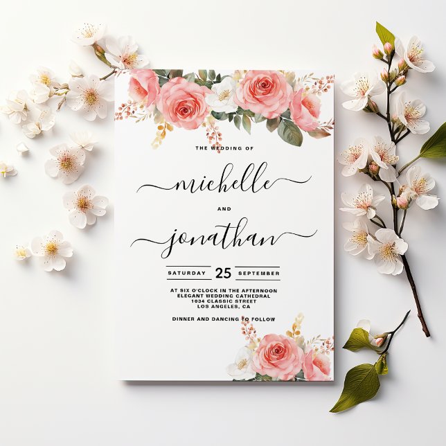 Vattenfärg  rosa vit mynta blommigt bröllop inbjudningar (Watercolor blush pink white mint floral wedding)