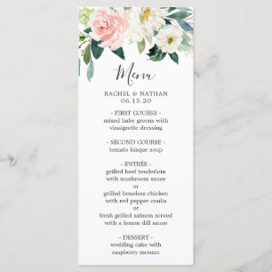 Vattenfärg rosablommig & vit blommande bröllopsblo meny