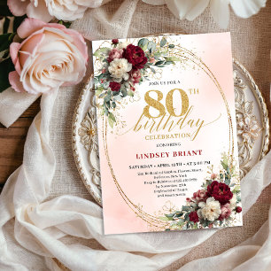 Vattenfärg Rosé Floral Guld 80-års Födelsedagsinbj Inbjudningar