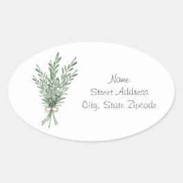 Vattenfärg Rosemary Bouquet med Jute Bow-etiketter Ovalt Klistermärke