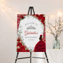 Vattenfärg Rosor Röd Silver Quinceañera Välkommen