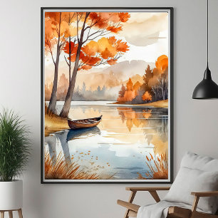 Vattenfärg Rustic Autumn Fall Träd Sjö Rowboat Poster