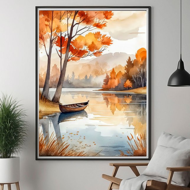 Vattenfärg Rustic Autumn Fall Träd Sjö Rowboat Poster (Skapare uppladdad)