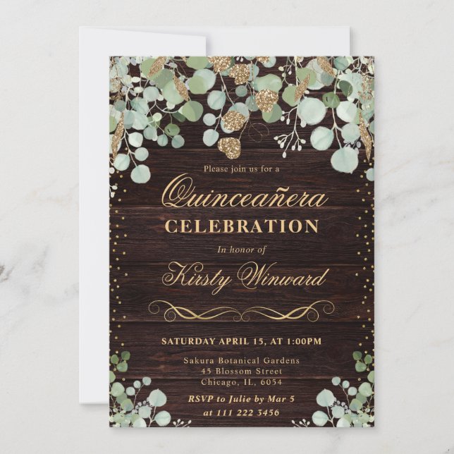 Vattenfärg Rustic Eucalyptus Guld Quinceanera Inbjudningar (Framsida)