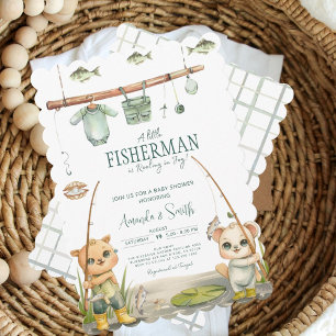 Vattenfärg Rustic Little Fisherman Baby Shower Inbjudningar
