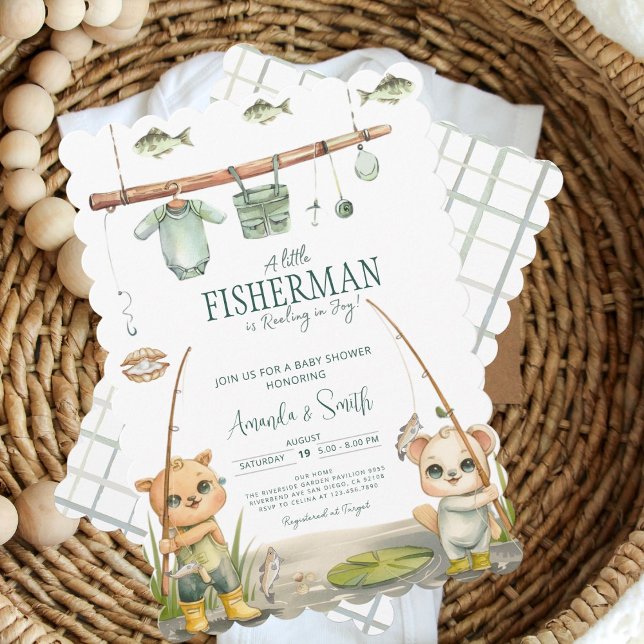 Vattenfärg Rustic Little Fisherman Baby Shower Inbjudningar (Skapare uppladdad)