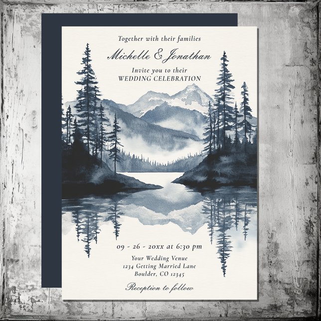 Vattenfärg Rustic Mountain Sjö Forest Bröllop Inbjudningar (Watercolor Rustic Mountain Lake Forest Wedding Invitation)