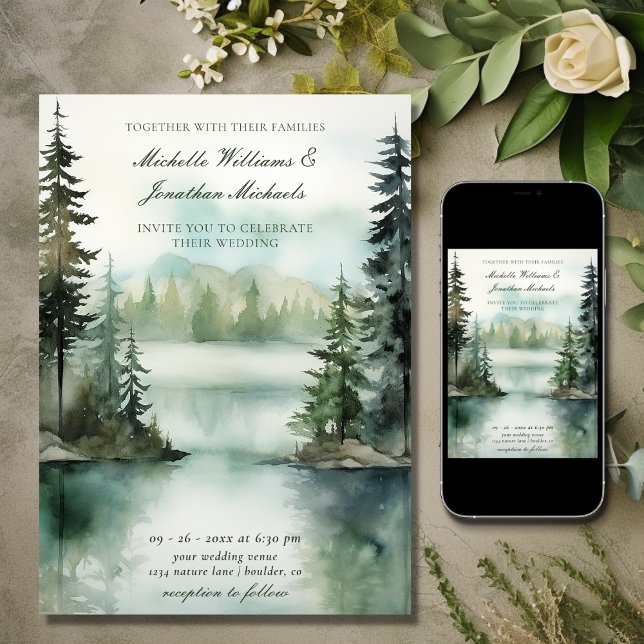 Vattenfärg Rustic Mountain Sjö Forest Bröllop Inbjudningar (Printed and Digital - Watercolor Rustic Mountain Lake Forest Wedding Invitation)