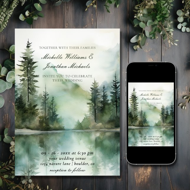 Vattenfärg Rustic Mountain Sjö Forest Bröllop Inbjudningar (Printed and Digital - Watercolor Rustic Mountain Lake Forest Wedding Invitation)
