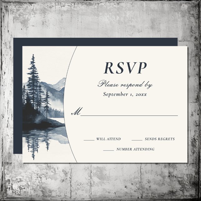 Vattenfärg Rustic Mountain Sjö Forest Bröllop OSA Kort (Watercolor Rustic Mountain Lake Forest Wedding RSVP Card)