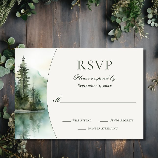 Vattenfärg Rustic Mountain Sjö Forest Bröllop OSA Kort (Front - Watercolor Rustic Mountain Lake Forest Wedding RSVP Card)