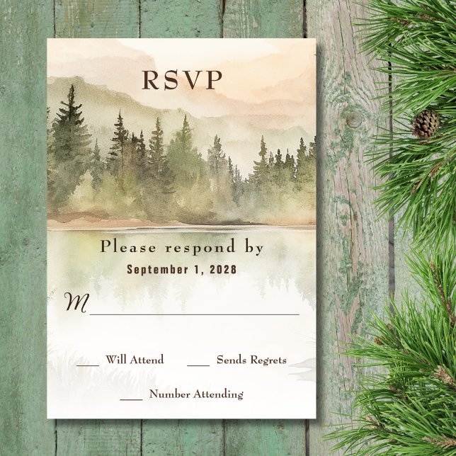 Vattenfärg Rustic Mountain Sjö Forest Bröllop OSA Kort (Front - Watercolor Rustic Mountain Lake Forest Wedding RSVP Card)
