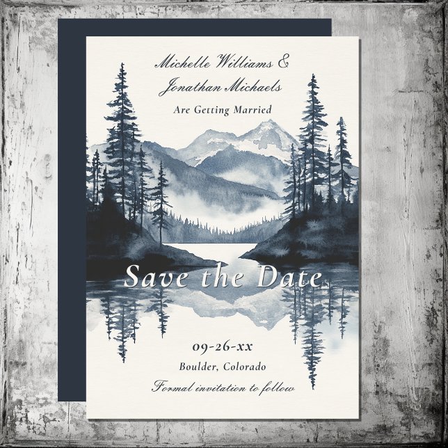 Vattenfärg Rustic Mountain Sjö Forest Bröllop Spara Datumet (Watercolor Rustic Mountain Lake Forest Wedding Save The Date)