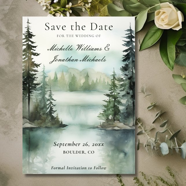 Vattenfärg Rustic Mountain Sjö Forest Bröllop Spara Datumet (Front - Watercolor Rustic Mountain Lake Forest Wedding Save The Date)