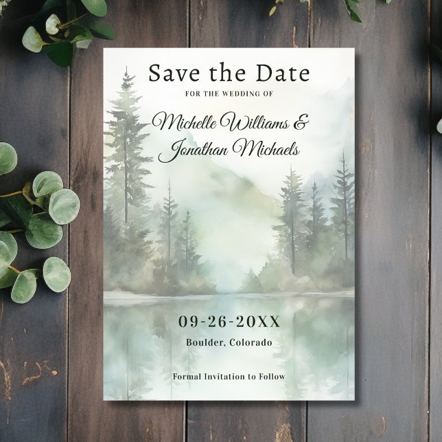 Vattenfärg Rustic Mountain Sjö Forest Bröllop Spara Datumet (Front - Watercolor Rustic Mountain Lake Forest Wedding Save The Date)