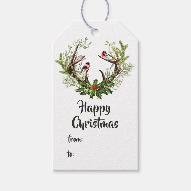 Vattenfärg Rustic Reindeer jul Presentetikett (Framsidan)