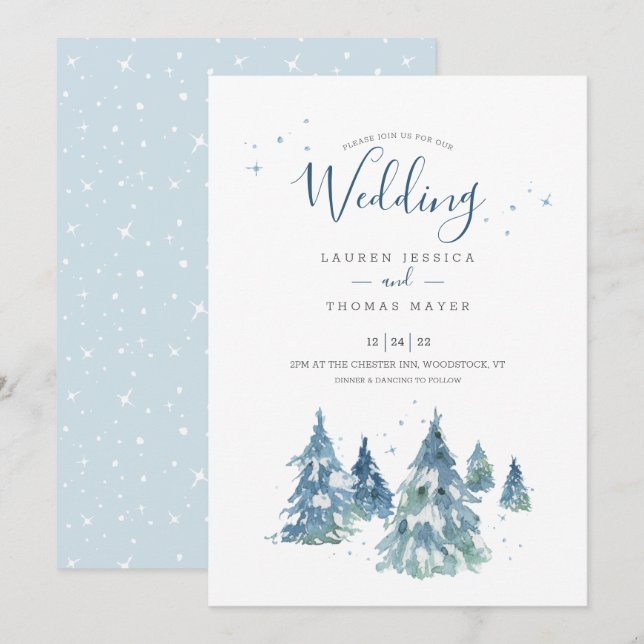 Vattenfärg Rustic Winter Träd Bröllop Inbjudningar (Fram/baksida)