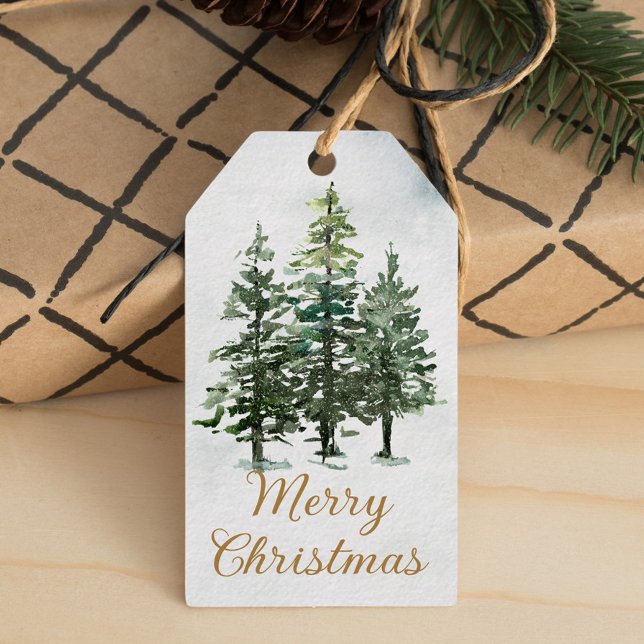 Vattenfärg Rustic Woodland Gräs Träd jul Presentetikett (Skapare uppladdad)