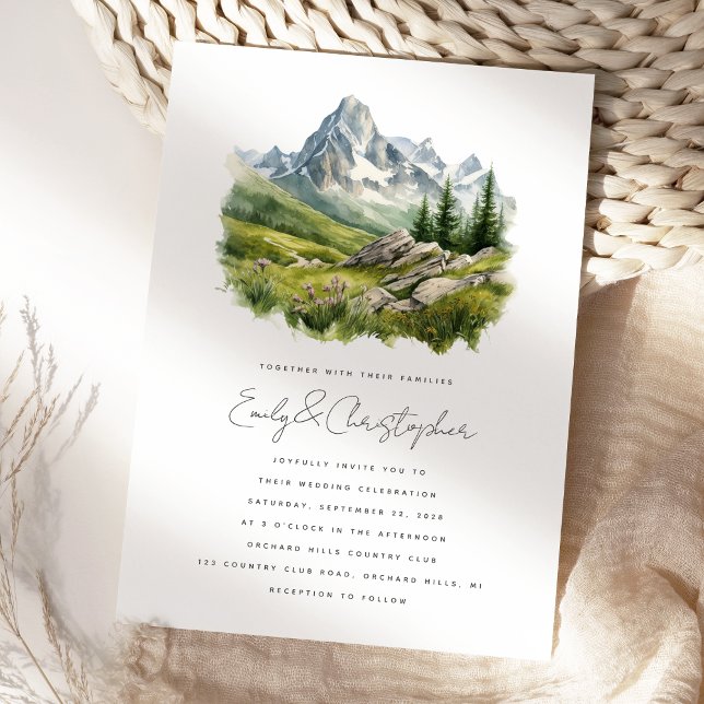 Vattenfärg Rustik Bergslandschaft Bröllop Inbjudningar (Skapare uppladdad)