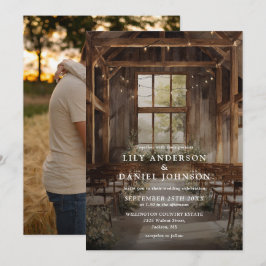 Vattenfärg Rustik Lada Strängljus Bröllopsfoto Inbjudningar