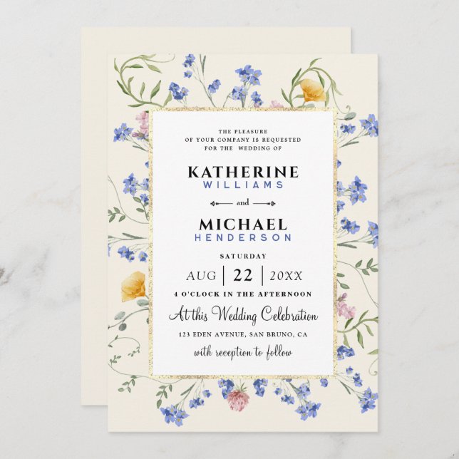 vattenfärg Rustiska vilda blommor, ängsblomma Bröl Inbjudningar (Fram/baksida)