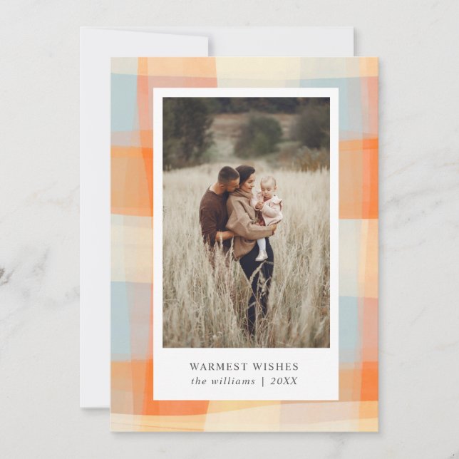 Vattenfärg rutmönster | Orange Crème Ljusblå foto Julkort (Framsida)