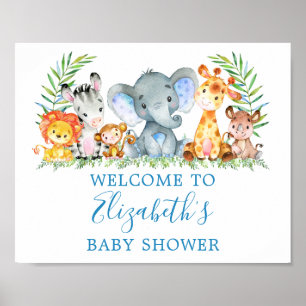 Vattenfärg Safari Animals Baby Shower Blue Poster